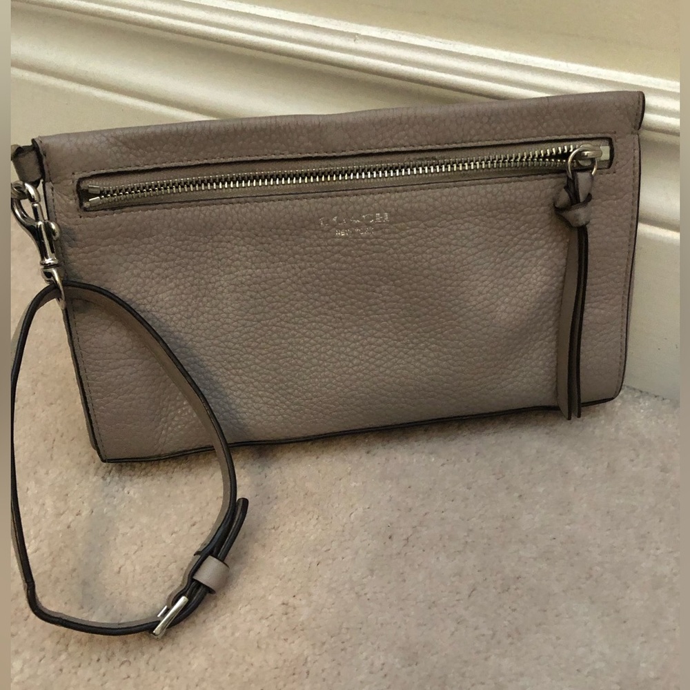 Taupe designer pebble leather designer wristlet, 9 by 5 inches